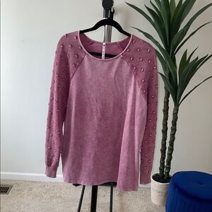 Leo & Nicole Pink Crew Neck Sweater with Pearl Embellishments